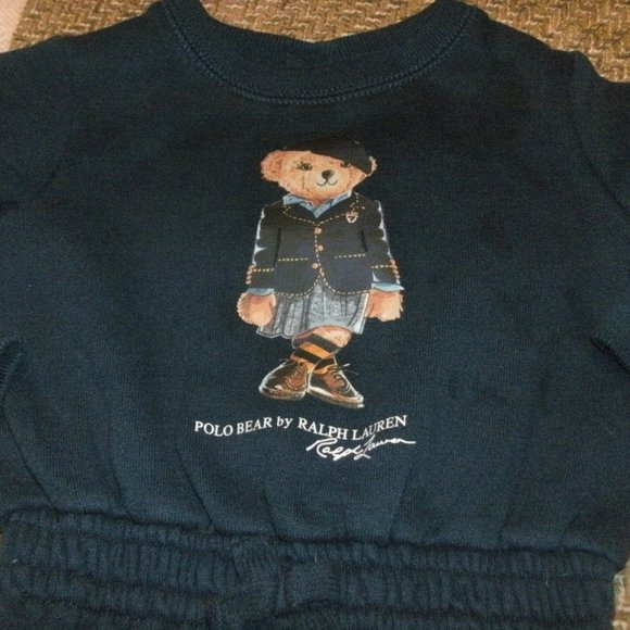 CUTE Ralph Lauren PREPPY Navy Blue POLO BEAR Long Sleeve FLEECE DRESS size 9M - Picture 1 of 2